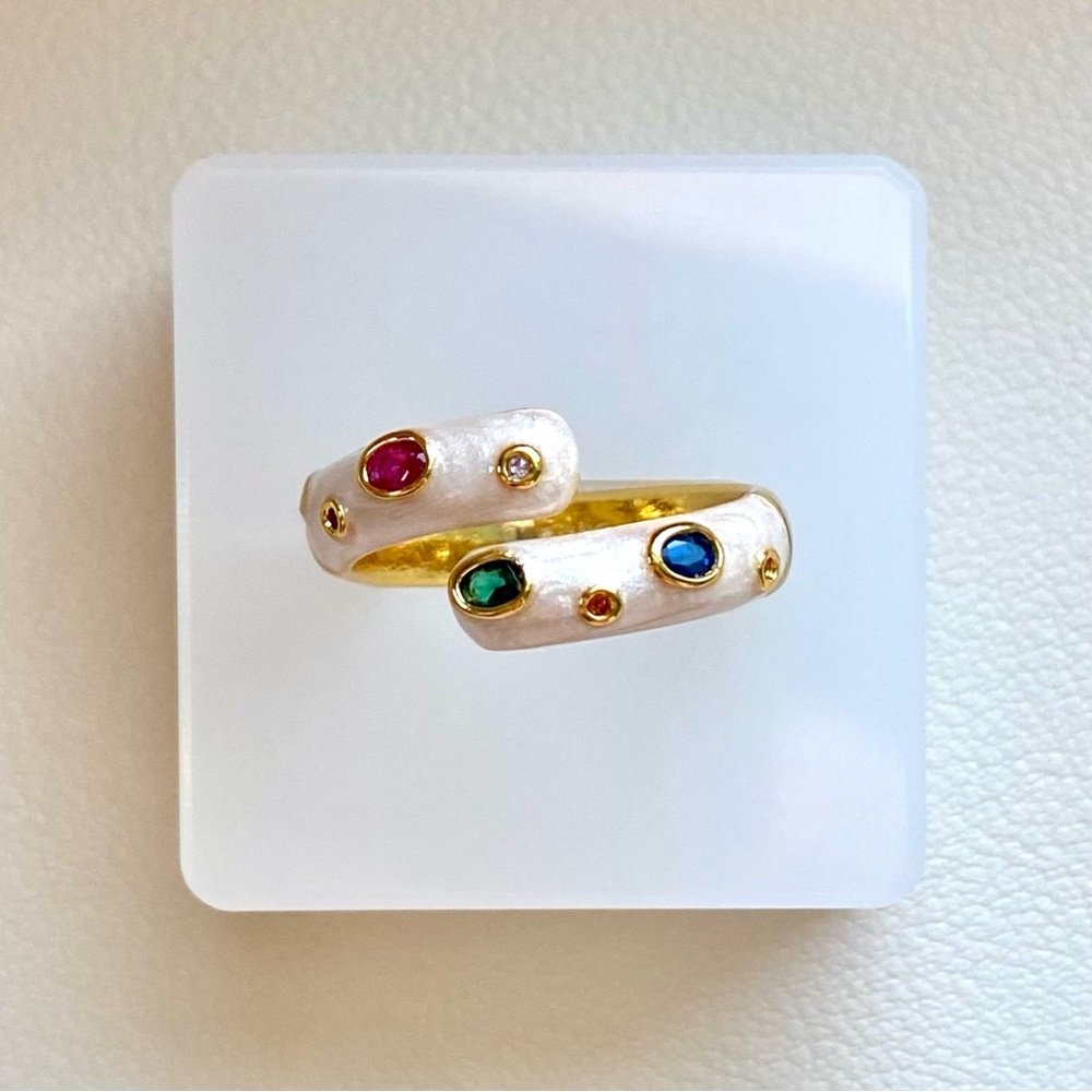 Gold-Plated White Enamel Ring with Multicolor Gem Accents